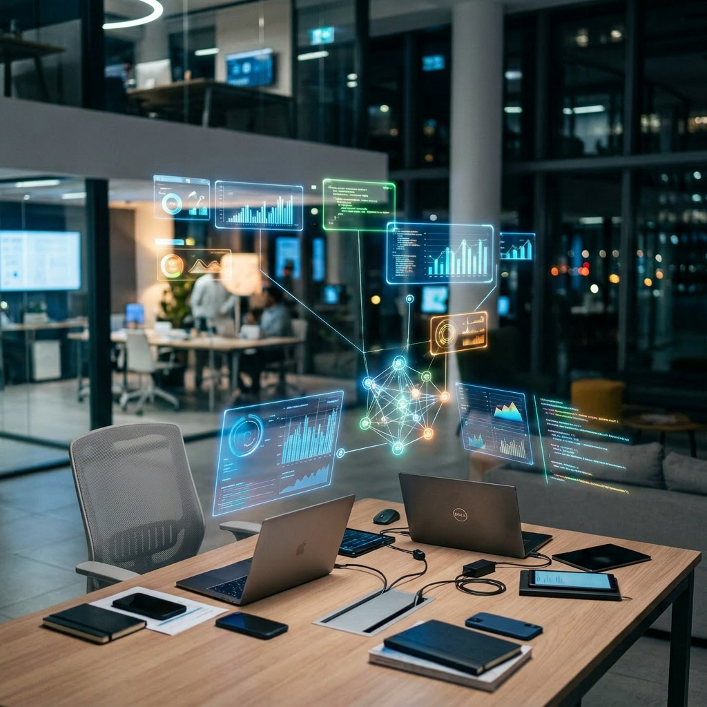 Five diverse business professionals interacting with digital data charts and graphs around laptops in modern office